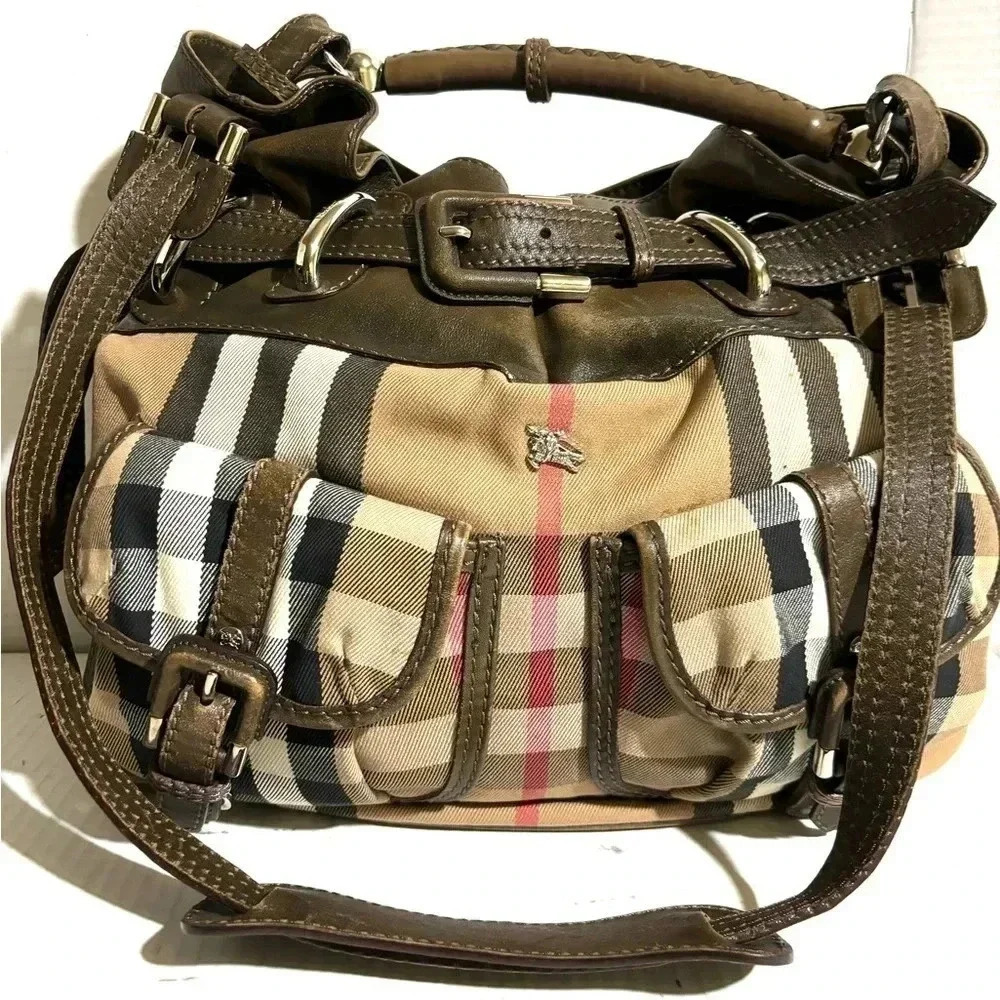 Burberry brown leather house check canvas monogram handbag